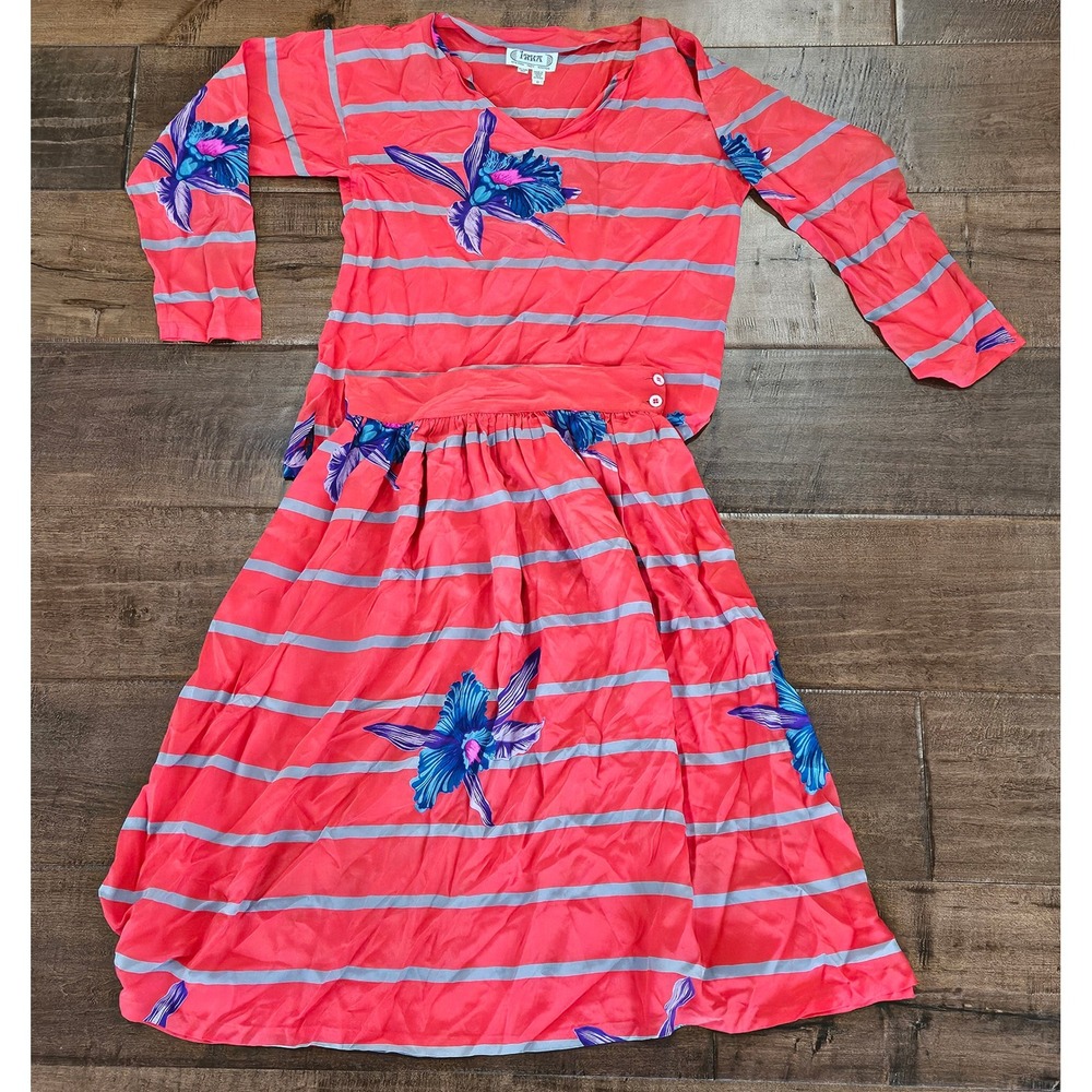 RARE VTG Irka 100% Silk 2 Piece Skirt Set Coral Pink Blue Orchid Floral Stripe